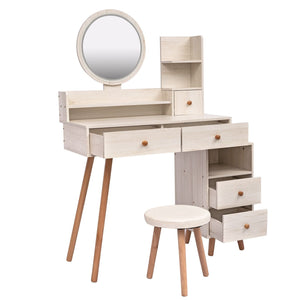 CRAZY ELF Stylish Vanity Table + Cushioned Stool, Touch Control LED Mirror, Large Capacity Storage Cabinet, 5 Drawers, Fashionable Makeup Furniture, Length Adjustable(L31.5" - 43.2"x W15.8" x H48.1")