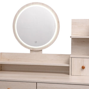CRAZY ELF Stylish Vanity Table + Cushioned Stool, Touch Control LED Mirror, Large Capacity Storage Cabinet, 5 Drawers, Fashionable Makeup Furniture, Length Adjustable(L31.5" - 43.2"x W15.8" x H48.1")
