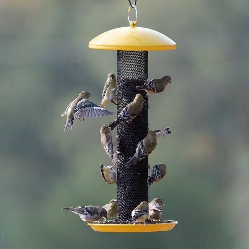 Durable Metal Mesh Tube Hanging Bird Feeder with Yellow Top and Perch - Asmota
