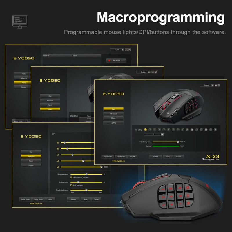 E - YOOSO X - 33 RGB USB 2.4G Wireless Gaming Mouse 16000 DPI 16 Buttons Programmable Game Optical Mice for Computer PC Laptop - Asmota