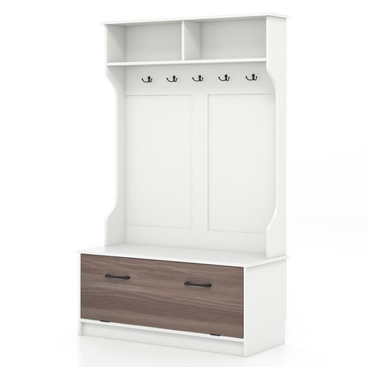 Entryway Bench Coat Rack Shoe Storage Cabinet in White Oak Wood Finish - Asmota