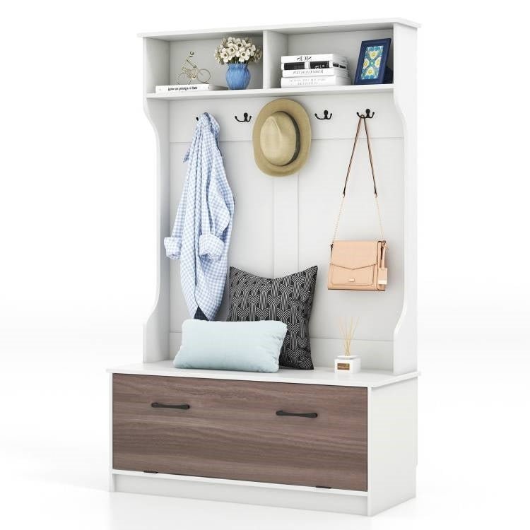 Entryway Bench Coat Rack Shoe Storage Cabinet in White Oak Wood Finish - Asmota
