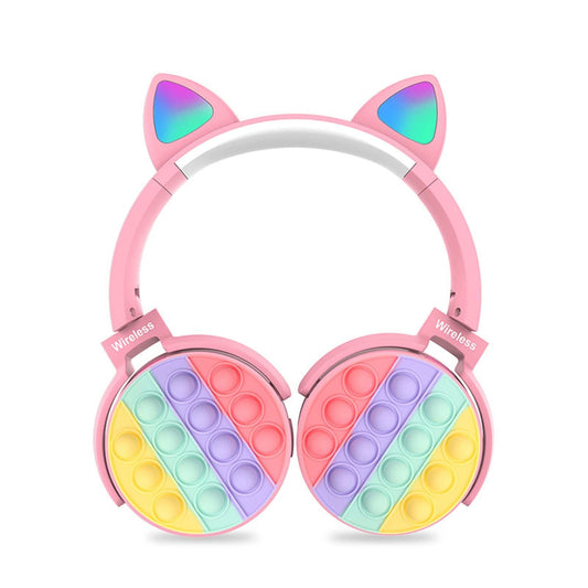 Fidget Headphones Kids Toy Headset, Wireless Bluetooth Headphone Pop Bubble On - Ear Headphone Fidget Toy Rainbow Color Fidget Headset for Children Adults (Pink - Cat)