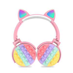 Fidget Headphones Kids Toy Headset, Wireless Bluetooth Headphone Pop Bubble On - Ear Headphone Fidget Toy Rainbow Color Fidget Headset for Children Adults (Pink - Cat)