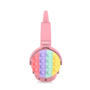 Fidget Headphones Kids Toy Headset, Wireless Bluetooth Headphone Pop Bubble On - Ear Headphone Fidget Toy Rainbow Color Fidget Headset for Children Adults (Pink - Cat)