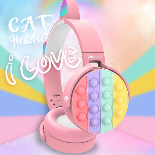 Fidget Headphones Kids Toy Headset, Wireless Bluetooth Headphone Pop Bubble On - Ear Headphone Fidget Toy Rainbow Color Fidget Headset for Children Adults (Pink - Cat)