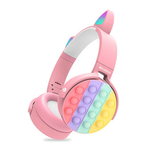 Fidget Headphones Kids Toy Headset, Wireless Bluetooth Headphone Pop Bubble On - Ear Headphone Fidget Toy Rainbow Color Fidget Headset for Children Adults (Pink - Cat)