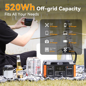 Flashfish 560W Portable Power Station; 520Wh/140400mAh Solar Generator Backup Power with 2x110V/560W AC Outlets; 5xDC Output and 4xUSB Outputs; Lithium Battery pack Lithium Battery Pack