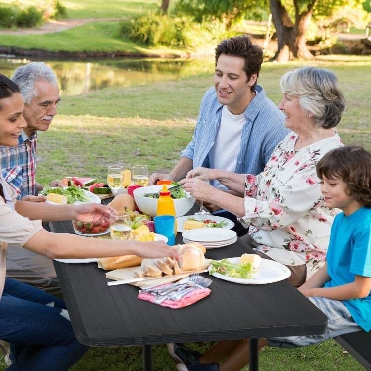 Folding Picnic Table with 2 Benches Outdoor Patio Dining Set in Black - Asmota
