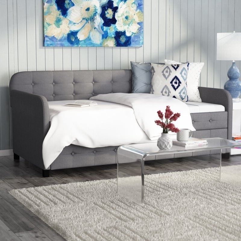 Gray Tufted Polyester Linen Twin Daybed with Trundle - Asmota