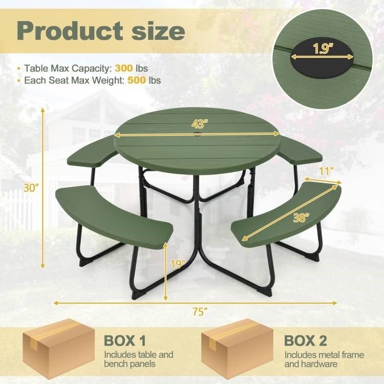 Green All Weather 8 Seater Picnic Table with Umbrella Hole - Asmota