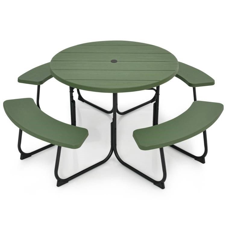 Green All Weather 8 Seater Picnic Table with Umbrella Hole - Asmota
