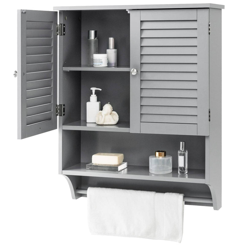 Grey Wall - Mounted Bathroom Medicine Cabinet with Louver Doors and Towel Bar - Asmota