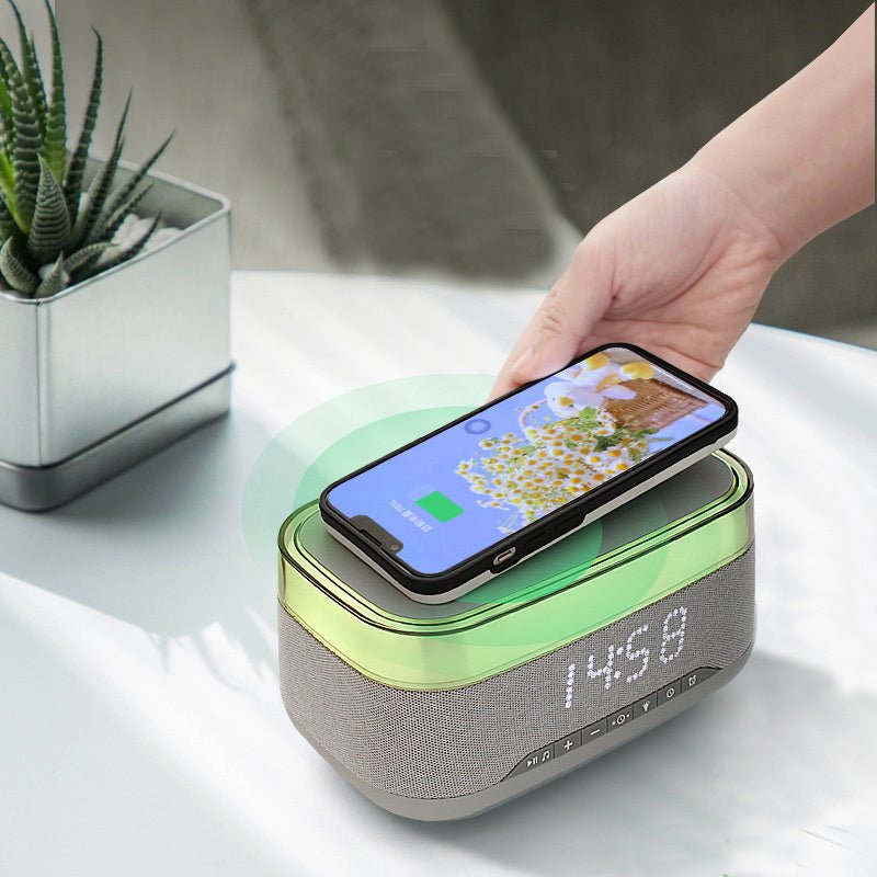 Intelligent Multifunctional Alarm Clock Bluetooth Speaker Wireless Charger Fast Charge Clock Atmosphere Night Light Home Decor - Asmota