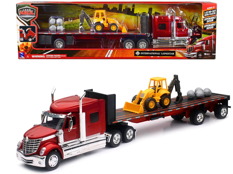 International Lonestar Truck with Flatbed Trailer Red Metallic with Front Loader and Rocks "Long Haul Truckers" Series 1/32 Diecast Model by New Ray - Asmota