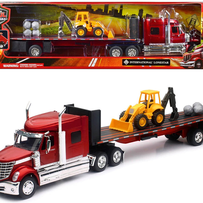 International Lonestar Truck with Flatbed Trailer Red Metallic with Front Loader and Rocks 