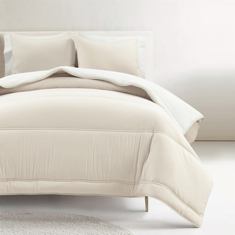 King/Cal King Soft Lightweight Reversible Quilted Comforter Set in White/Beige - Asmota