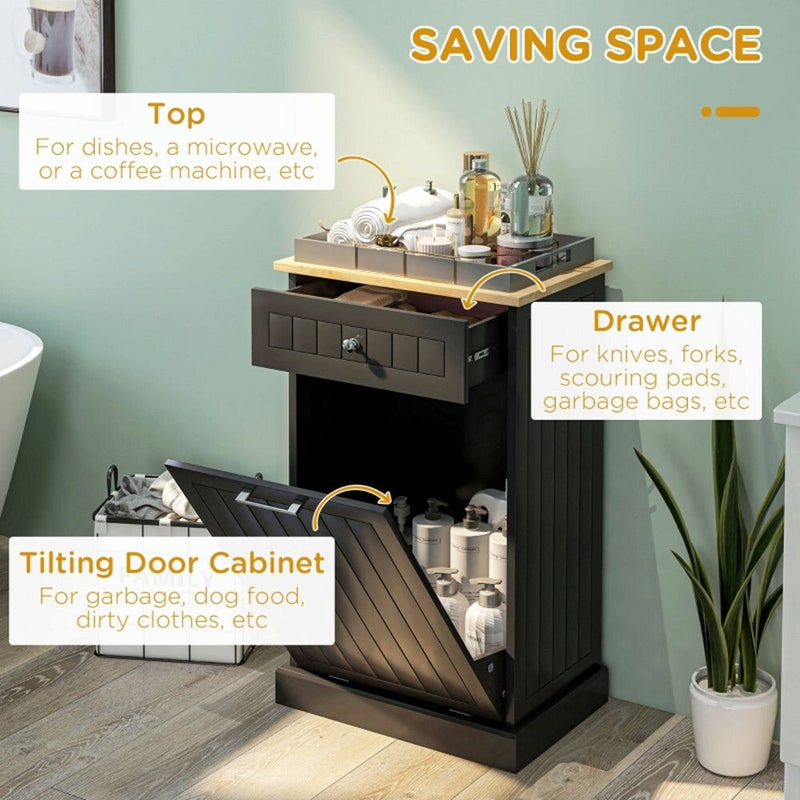Kitchen Tilt Out Trash Bin Cabinet Free Standing Recycling Cabinet Trash Can Holder With Drawer, Black - AS - Asmota