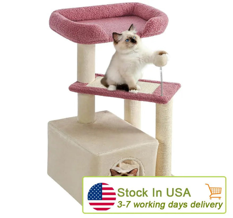 Made4Pets Cat Tree, Cat Tower Indoors Cute Wood Kitty Condo with Scratching Post Pad, 29" Multi - Level Modern Activity Climbing Furniture, Pink, 3 - 7days delivery - Asmota