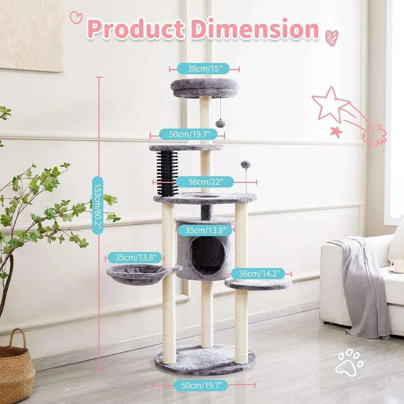 Made4Pets Cat Tree for Indoor Cats, 60.2 - inch Large Cat Tower, with Soft Hammock, 5 - Level Tall Cat Condo, Sisal Scratch Posts, Fluffy Ball, 3 - 7days delivery - Asmota