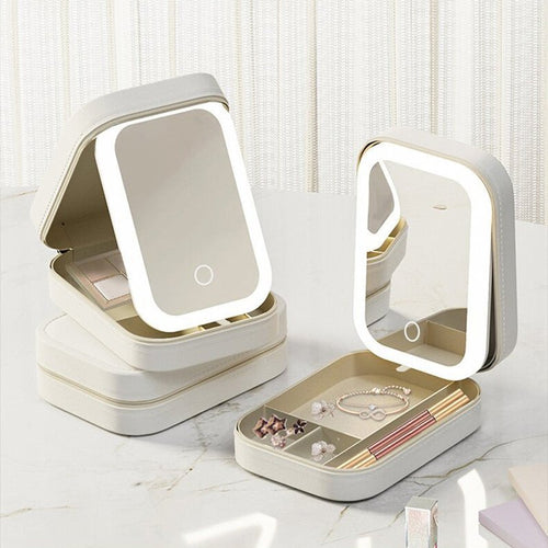 Makeup Storage Box With LED Light Mirror Portable Travel Makeup Cosmetics Storage Box Touch Light Storage Organizer - Asmota