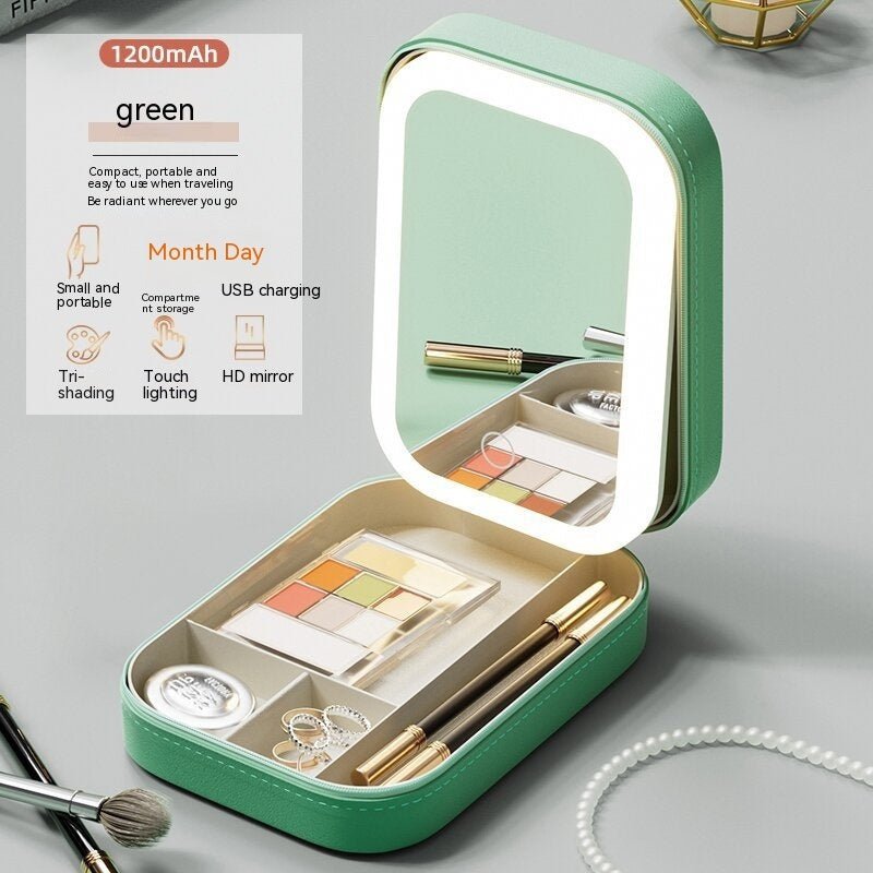Makeup Storage Box With LED Light Mirror Portable Travel Makeup Cosmetics Storage Box Touch Light Storage Organizer - Asmota
