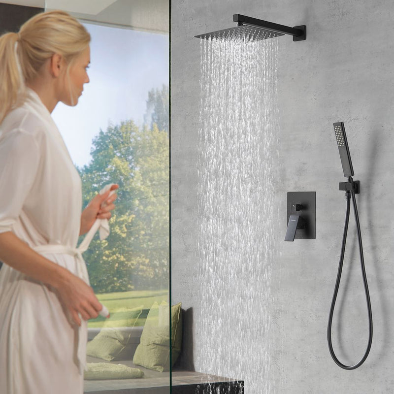 Male NPT Bathtub Shower Faucet Set, Waterfall Tub Faucet with 12 - Inch Matte Black Rain Shower Head System - Asmota