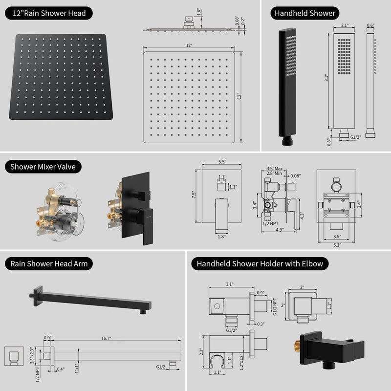 Male NPT Bathtub Shower Faucet Set, Waterfall Tub Faucet with 12 - Inch Matte Black Rain Shower Head System - Asmota