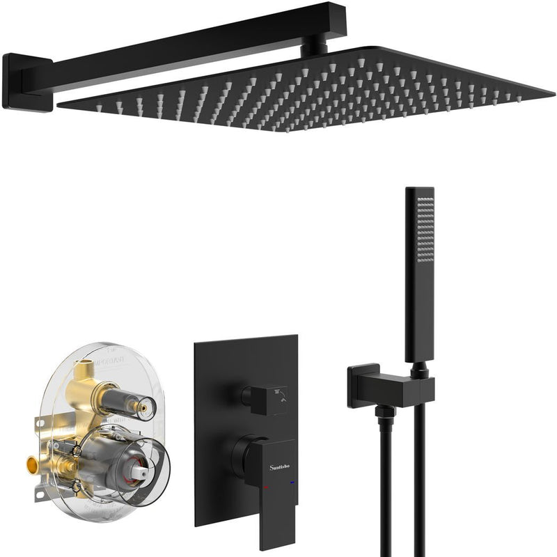Male NPT Bathtub Shower Faucet Set, Waterfall Tub Faucet with 12 - Inch Matte Black Rain Shower Head System - Asmota