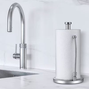 Paper Towel Holder Dispenser Standing with Weighted Base Spring Arm for Kitchen, Bathroom, Bedroom In Stainless Steel