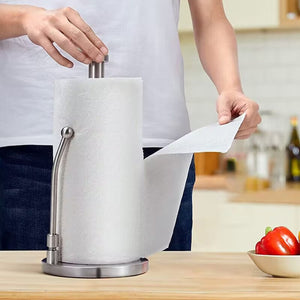 Paper Towel Holder Dispenser Standing with Weighted Base Spring Arm for Kitchen, Bathroom, Bedroom In Stainless Steel