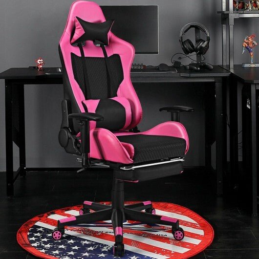 PU Leather Gaming Chair with USB Massage Lumbar Pillow and Footrest - Pink - Color: Pink - Asmota