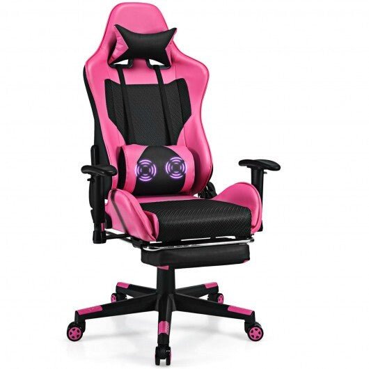 PU Leather Gaming Chair with USB Massage Lumbar Pillow and Footrest - Pink - Color: Pink - Asmota