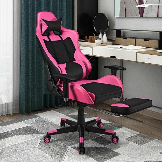 PU Leather Gaming Chair with USB Massage Lumbar Pillow and Footrest - Pink - Color: Pink - Asmota