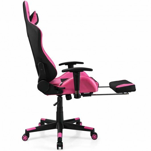 PU Leather Gaming Chair with USB Massage Lumbar Pillow and Footrest - Pink - Color: Pink - Asmota