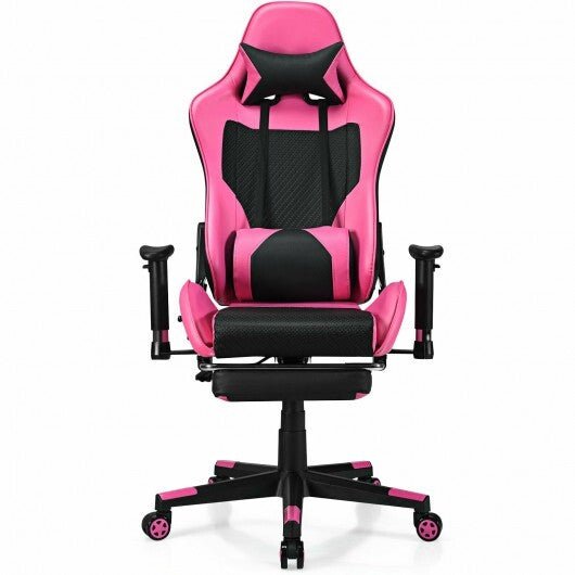 PU Leather Gaming Chair with USB Massage Lumbar Pillow and Footrest - Pink - Color: Pink - Asmota