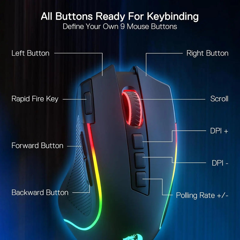 Redragon M612 PRO BT & 2.4RGB Gaming Mouse, 8000 DPI Wired/Wireless Optical Gamer Mice 11 Programmable Buttons & 6 Backlit Modes - Asmota