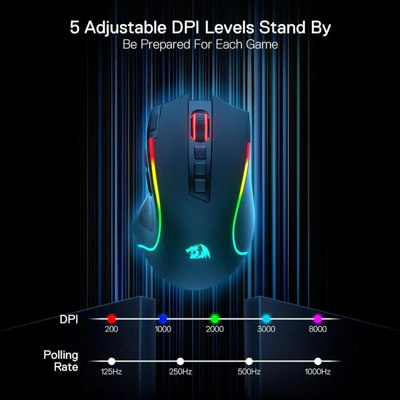 Redragon M612 PRO BT & 2.4RGB Gaming Mouse, 8000 DPI Wired/Wireless Optical Gamer Mice 11 Programmable Buttons & 6 Backlit Modes - Asmota