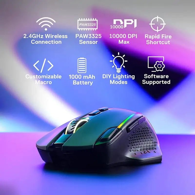 Redragon M810 Pro Wireless Gaming Mouse, 10000 DPI Wired Gamer Mouse w/ Rapid Fire Key, 8 Macro Buttons, Black/White Mouse - Asmota