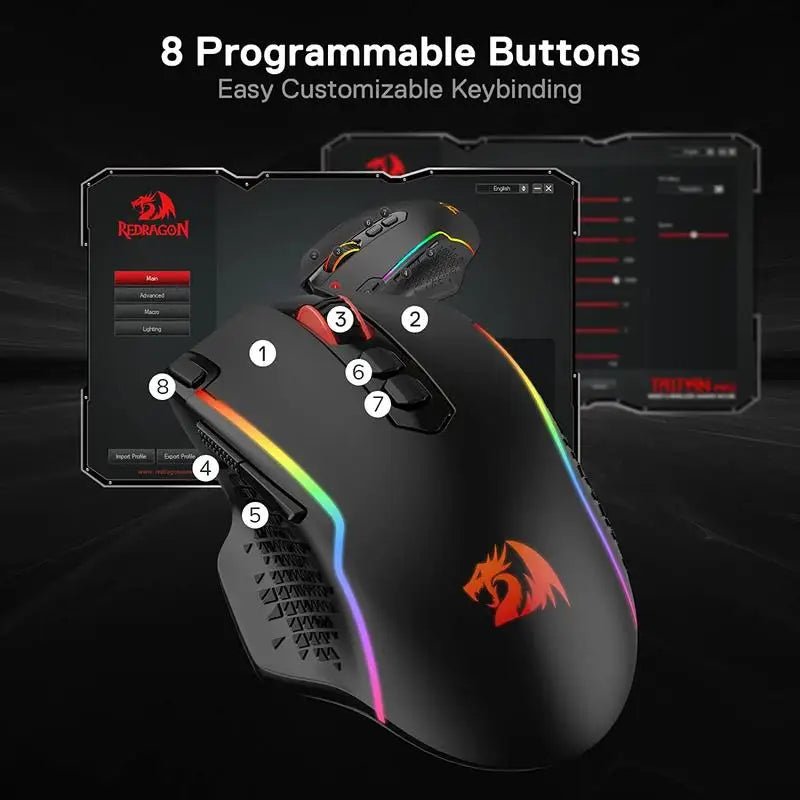 Redragon M810 Pro Wireless Gaming Mouse, 10000 DPI Wired Gamer Mouse w/ Rapid Fire Key, 8 Macro Buttons, Black/White Mouse - Asmota