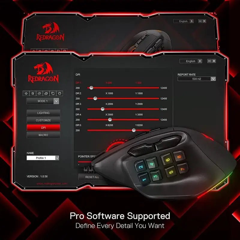 Redragon M811 Aatrox MMO Gaming Mouse, 15 Programmable Buttons Wired RGB Gamer Mouse w/ Ergonomic Natural Grip Build - Asmota