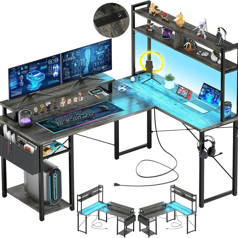 Small L Shaped Gaming Desk with LED Lights & Power Outlets, Reversible L - Shaped Computer Desk with Monitor Stand - Asmota