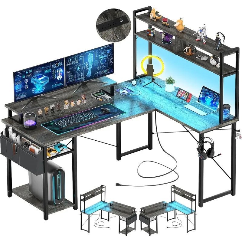 Small L Shaped Gaming Desk with LED Lights & Power Outlets, Reversible L - Shaped Computer Desk with Monitor Stand - Asmota