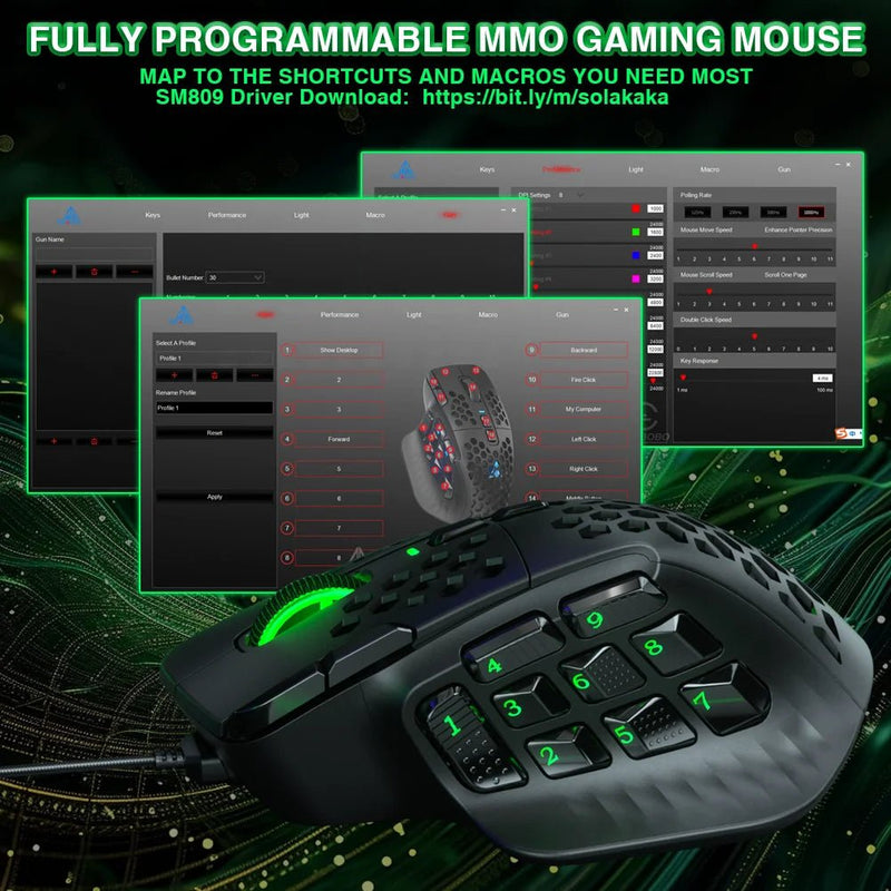 SOLAKAKA SM809 Wired Gaming Mouse 16 Side Buttons 22800 DPI Programmable Macro MMO Mouse Gamer PAW3311 Honeycomb Ergonomic RGB - Asmota