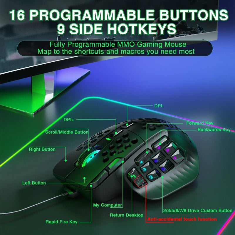 SOLAKAKA SM809 Wired Gaming Mouse 16 Side Buttons 22800 DPI Programmable Macro MMO Mouse Gamer PAW3311 Honeycomb Ergonomic RGB - Asmota