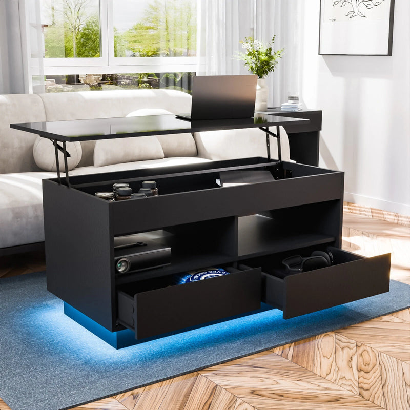 Versatile Lift Top Coffee Table with LED Lights High Gloss Surface Storage Compartment Drawers Adjustable Height P2 Grade Particle Board Strong 220 lbs Capacity Ideal for Living Room Office Bedroom - Asmota