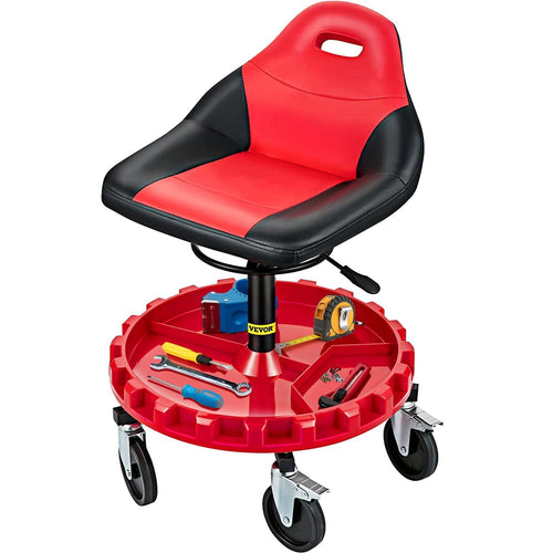 VEVOR Rolling Gear Seat, 300LBS Capacity, 18" - 23" Height Adjustable, Mobile Mechanic Garage Stool with Tool Tray and 5" Casters, Pneumatic Stool for Workshop, Garage, Auto Repair Shop - Asmota