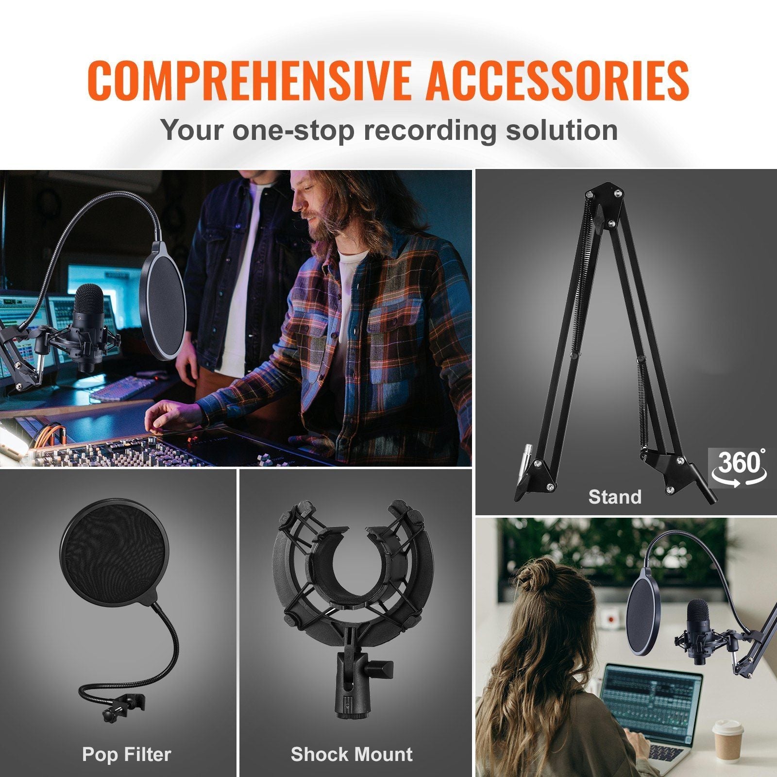 VEVOR USB Microphone, 192kHz/24 - bit, Professional Condenser Microphone Kit, with Boom Arm Stand Pop Filter Shock Mount Mute Button Headphones Jack, for Podcast Recording Video Gaming Singing Streaming
