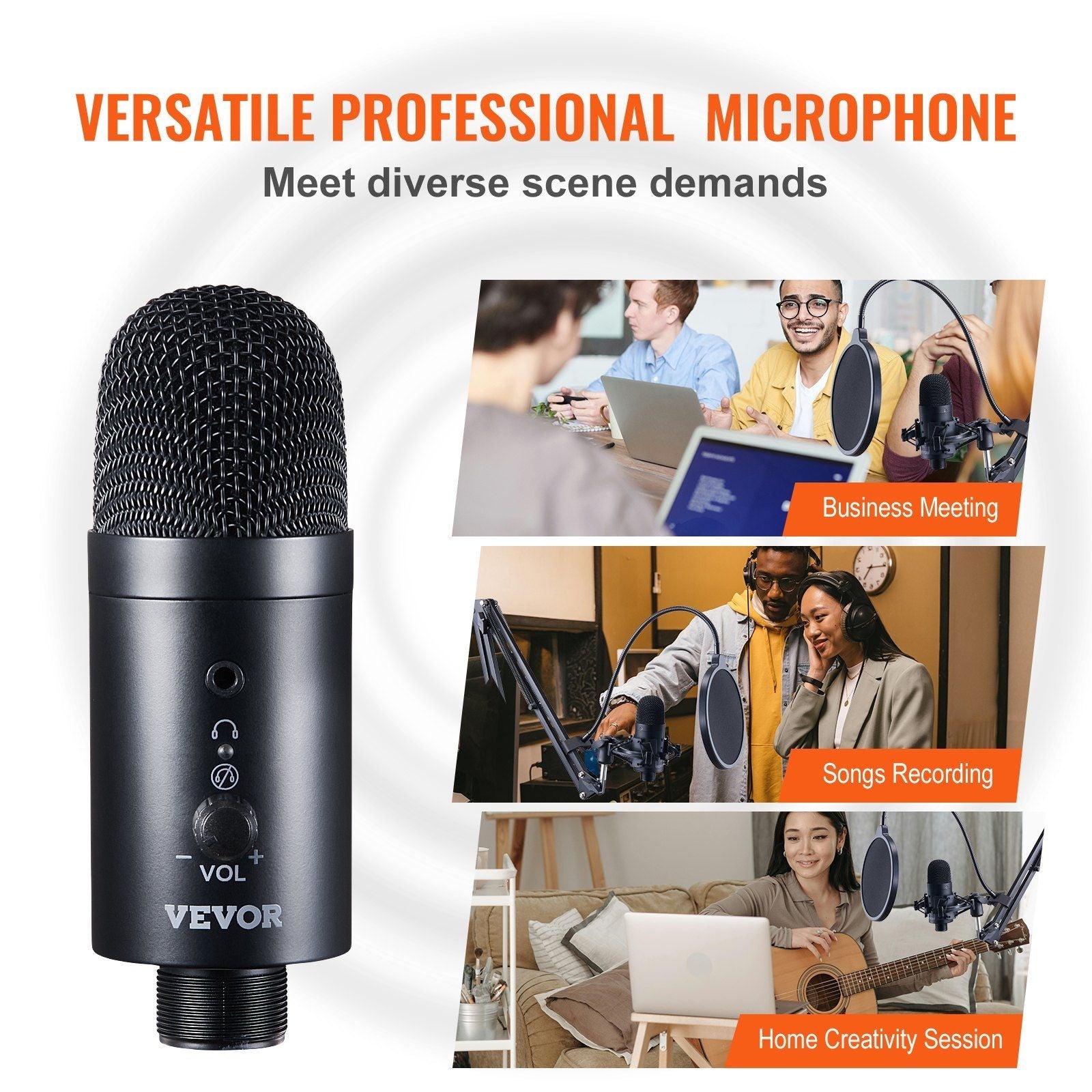 VEVOR USB Microphone, 192kHz/24 - bit, Professional Condenser Microphone Kit, with Boom Arm Stand Pop Filter Shock Mount Mute Button Headphones Jack, for Podcast Recording Video Gaming Singing Streaming