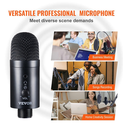 VEVOR USB Microphone, 192kHz/24 - bit, Professional Condenser Microphone Kit, with Boom Arm Stand Pop Filter Shock Mount Mute Button Headphones Jack, for Podcast Recording Video Gaming Singing Streaming